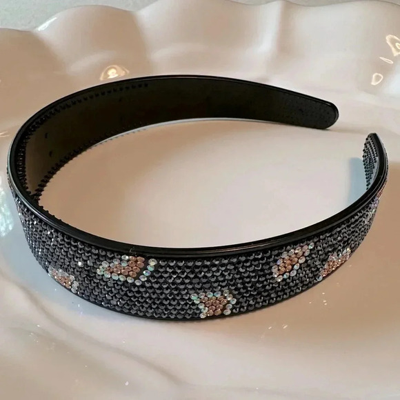 Navy Animal Print Crystal Rhinestone Headband Wide & Flat with Combs - Picture 3 of 5